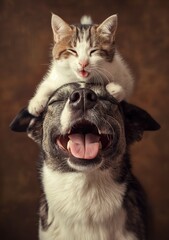 Wall Mural - happy cat and dog friendship play together, cat on dog head, cute pet moment portrait, Generative Ai