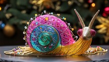 Detailed Snail Sculpture Crafted By Twisting And Knotting Fibers To Mimic The Creature's Unique Whorl Shape, In Colors Of Royalty