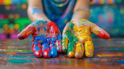 Wall Mural - A child's hands covered in paint with a smile on their face, AI