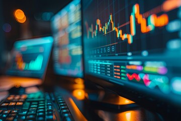 Poster - Close-up view of two computers displaying financial charts and graphs on a desk. Generative AI