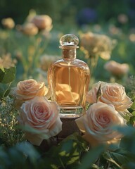 Wall Mural - a bottle of a perfume sits on top of roses