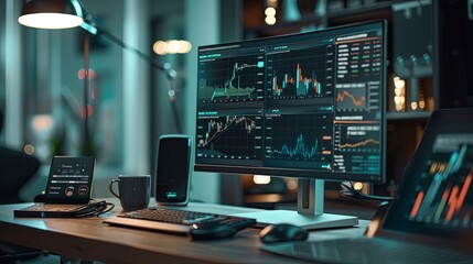 Poster - A desktop computer is positioned on top of a wooden desk. The computer screen displays financial charts and graphs, indicating research or analysis. Generative AI