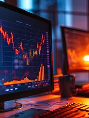 Leinwandbilder - A computer monitor displaying financial charts and graphs sits atop a desk in an office setting. Generative AI
