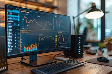 Poster - A computer monitor displaying financial charts and graphs rests on top of a wooden desk. Generative AI