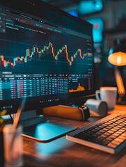 Poster - A computer monitor is placed on top of a wooden desk, showing financial charts and graphs on the screen. Generative AI