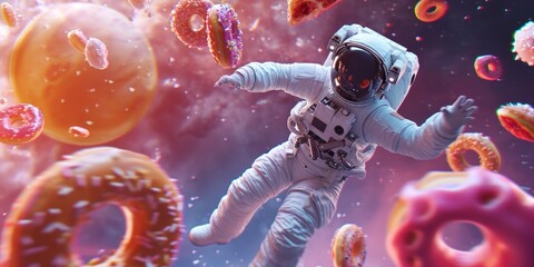 Wall Mural - astronaut in a food space , flying donuts pizza as planets lots of special effects the background