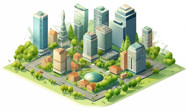 Isometric 3D Cityscape Vector with Different Types of Buildings, Emphasizing Green Building Practices.