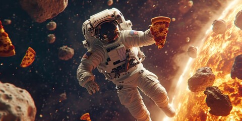 Wall Mural - Astronaut with pizza on the background of the outer space.