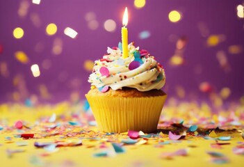 'Birthday cupcake background candles confetti many yellow cake candle party 1 7 colourful pastel fun celebration candy celebrate happy copy space sweet food'