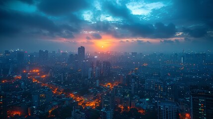 Wall Mural - A city skyline lit up at night with a cloudy sky, AI