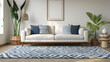 Modern living room mock-up, empty wall, subtle geometric pattern on rug