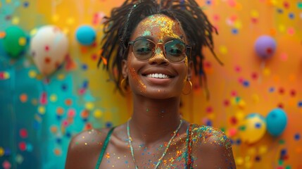 Wall Mural - A woman with glitter on her face and a smile, AI