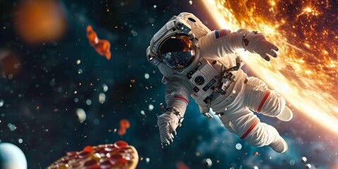 Wall Mural - Astronaut with pizza on the background of the outer space.
