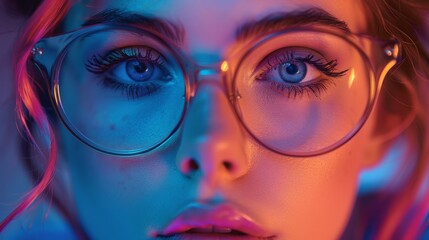 Wall Mural - A close up of a woman with glasses and blue eyes, AI