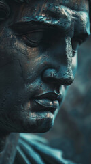 close-up of a weathered metal blue statue depicting the solemn face of a wise, contemplative, and co