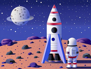 Rocket and astronaut on Mars