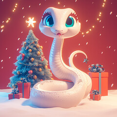 Sticker - 2025 white snake is sitting on a snowy ground next to a Christmas tree and presents. The scene is festive and cheerful, with the snake looking happy and the tree decorated with ornaments