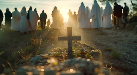 Wall Mural - Christian ceremony of crossing hill during Holy Week symbolizes traditional beliefs. Concept Religious Ceremonies, Holy Week Tradition, Christian Symbolism, Crossing Hill Ceremony