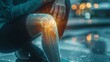 Elderly woman suffering from pain in knee pain due to bone disease, knee joint degeneration osteoarthritis, tendonitis or tear, exercise injury or injuries from accidents, show holograms, x-rays