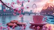Pink Cup of Coffee with Cookies and Sakura Blossoms