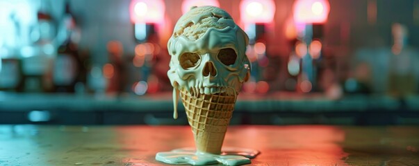 A melting ice cream cone forming a demonic face, suggesting a hidden darkness within