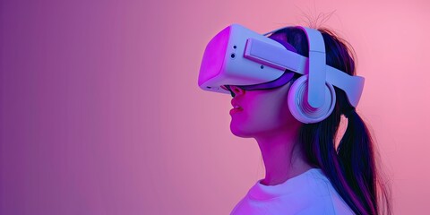 Wall Mural - A profile photo of an Asian woman wearing white headphones and a VR headset, with purple lighting, against a solid color background