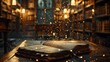 © Valeriy - Open antique book on wooden table with magic lights in defocused library. Generative AI
