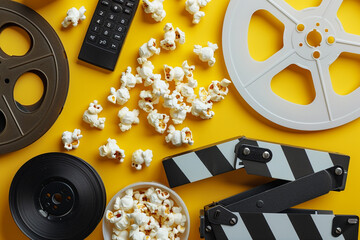 Wall Mural - Movie clapper or clapper-board with dvd movie disc, film reel, popcorn, remote control and movie theatre tickets flat lay top view from above on yellow - home cinema or movie night concept.