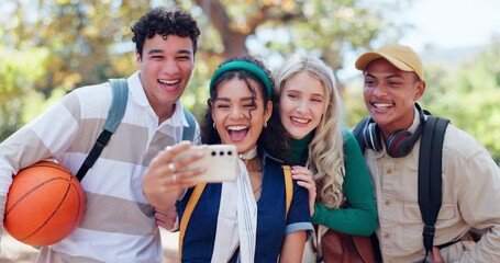 Sticker - Selfie, summer and college friends outdoor on campus together for education, learning or study. Emoji, diversity and smile with young learner people on break as university students for development