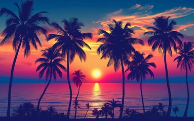 Dark palm tree silhouette with colorful tropical sea sunset background, very beautiful vector illustration