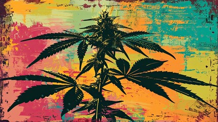 Illustration of a cannabis plant painted in psychedelic colors.