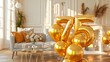 Gold foil balloon seventy-five with golden balloons. 75-anniversary birthday celebration in home