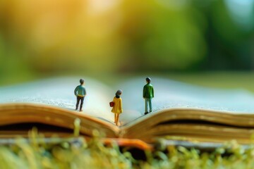 Canvas Print - Miniature people standing on top of an open book, ideal for educational and literary concepts
