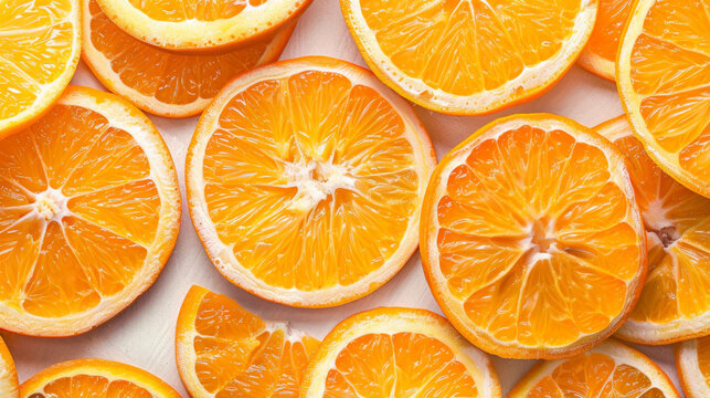Orange Slices texture background, orange fruit cut into slices, fresh juicy oranges background, top view, flat lay