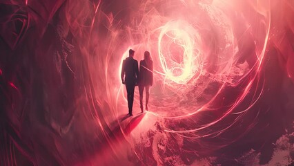Wall Mural - a couple walking through a tunnel with a red background