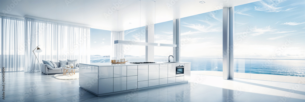 Curated visual reference: Picture Idea: Minimalist Luxury Living Sleek White Kitchen With Panoramic Ocean