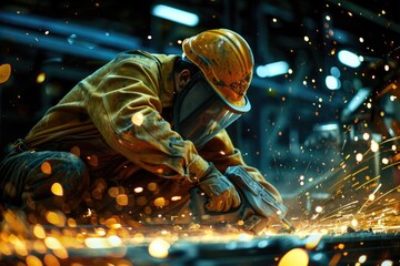 Wall Mural - A man in a yellow jacket welding metal. Suitable for industrial concepts