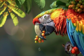 Poster - A vibrant parrot feasting on fruit. Suitable for nature or wildlife themes