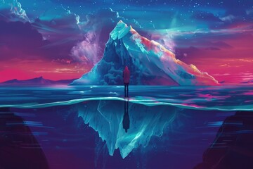 Wall Mural - A man standing on top of an iceberg in the middle of the ocean. Suitable for travel and adventure concepts