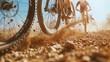 Bottom view of mountain bike riders kicking up dust and rocks in a race, AI generated image.