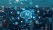 © GIFTE - AI brain surrounded by icons representing various smart city, financial industry and industrialized areas with the word 'AI'