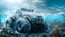 Design Underwater Monster Truck With Fish Scales Seaweed And Submarinelike Appearance. Concept Underwater Monster Truck Concept
