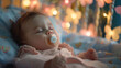 Baby girl with a pacifier peacefully sleeping in a crib with a mobile shaped like butterflies.