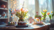 Easter table setting with tulips, colored eggs and cakes