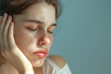 Wall Mural - Close up of a woman with freckles on her face. Suitable for beauty or skincare concepts