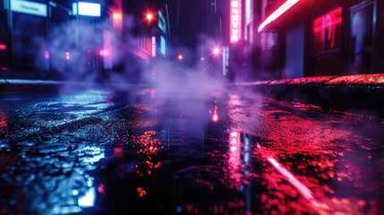 Canvas Print - City street at night with atmospheric fog and neon lights. Perfect for urban and nightlife concepts