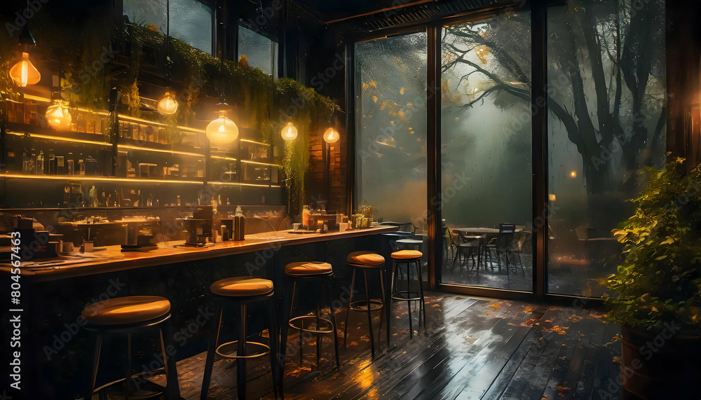 Abstract Coffee Shop interior view, dark, mysterious, fantastic, light from the window on on digital art concept, Generative AI.