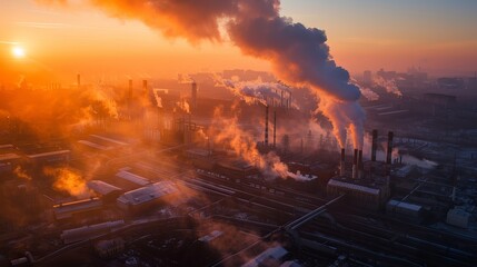 Wall Mural - Aerial photograph capturing the dawn scene of an industrial metallurgical plant emitting smoke and smog, reflecting concerns about environmental pollution.