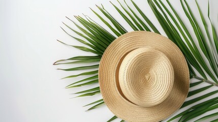 Sticker - A straw hat resting on a palm leaf. Perfect for tropical vacation concepts