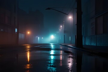 Wet asphalt, reflection of neon lights, a searchlight, smoke. Abstract light in a dark empty street with smoke, smog. Generative AI 